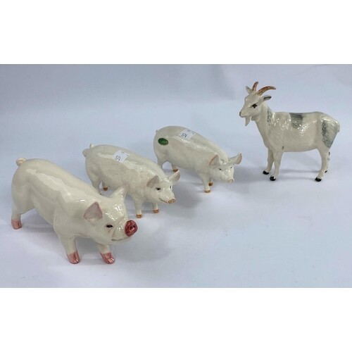 Four Beswick farm animals, Nigerian Goat 223, Boar (pig) 411...