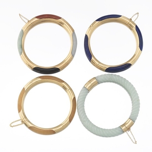 Four Carved Stone and Gold Bangle Bracelets