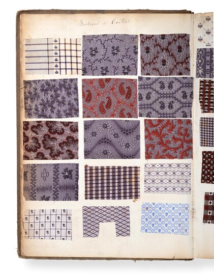 French Fabric Sample Book, 19th century Enclosing printed cotton designs in brown, purples,...