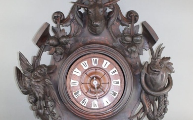 French carved oak hunt motif wall clock with deer and...