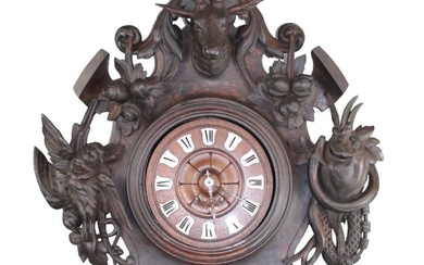 French carved oak hunt motif wall clock with deer and...
