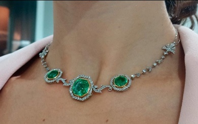 GIA Platinum 18k Art Deco Emerald Diamond Necklace Bracelet
