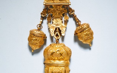 GILT CHATELAINE AND SEWING CASE.
