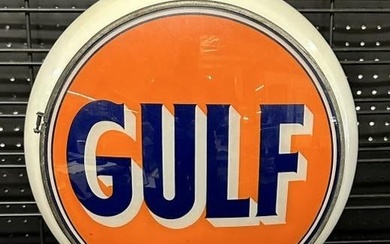 GULF double sided glass gas pump globe with milk glass body, from Westchester County, N.Y. estate.