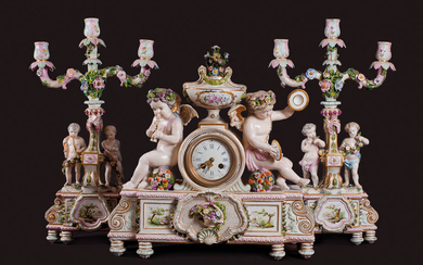 German Meissen Fireplace clock with 2 candlesticks 18/19th century, Meissen porcelain factory, Germany. Porcelain, metal, glass, painting. The size of the watch is 45x15x47 cm, the size of the candlestick is 21x11x53 cm