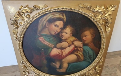 Gilt framed oil on canvas of Madonna Della Sedia,...