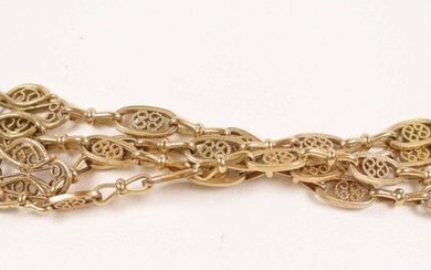 Gold filigree long necklace (750). L: 142 cm, Weight: 47.3 gr.
