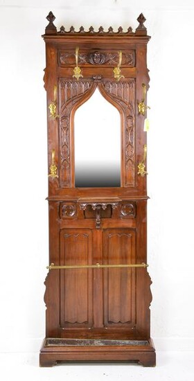 Gothic Style Tall Carved Oak Mirror Back Hall Stand