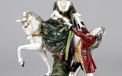 Group of figures, Suhl, Thuringia, 20th c., elegant cavalier helps a lady dismounting from a white