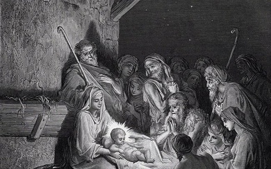 Gustave Dore 1800s Biblical Woodcut THE BIRTH OF JESUS Framed Signed