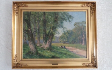 NOT SOLD. Henrik Schouboe: Picnic in the wood. Signed. HS. Oil on canvas. Visible size...