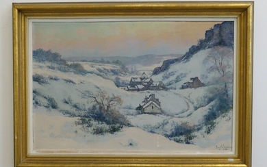 Huile sur toile "Vallée namuroise enneigée" signée Eugène Colignon (68 x 100cm)