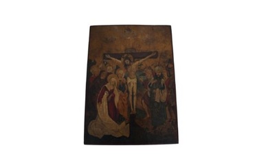 Ikone mit Darstellung der Kreuzigung Christi; nicht näher geprüft; umlaufend Gebrauchsspuren; Maße