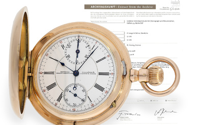Important, historically interesting and exceptionally heavy Glashütte hunting case watch with chronograph "Compteur", A. Lange & Söhne Glashütte, No.51106, made 1908, including extract from the archives