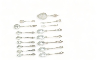 Italian Fancy Silver Mocca Spoons (6), Ice Tea (5) Condiment Forks (2) Etc. Ca. 1900, 16 pcs