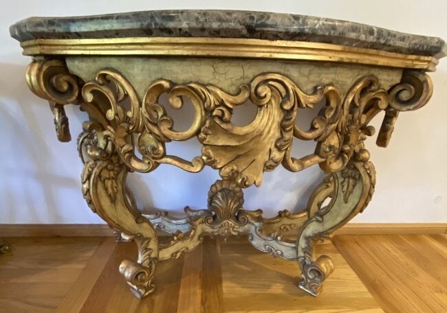 Italian Hand Carved Gilded Marble Top Console