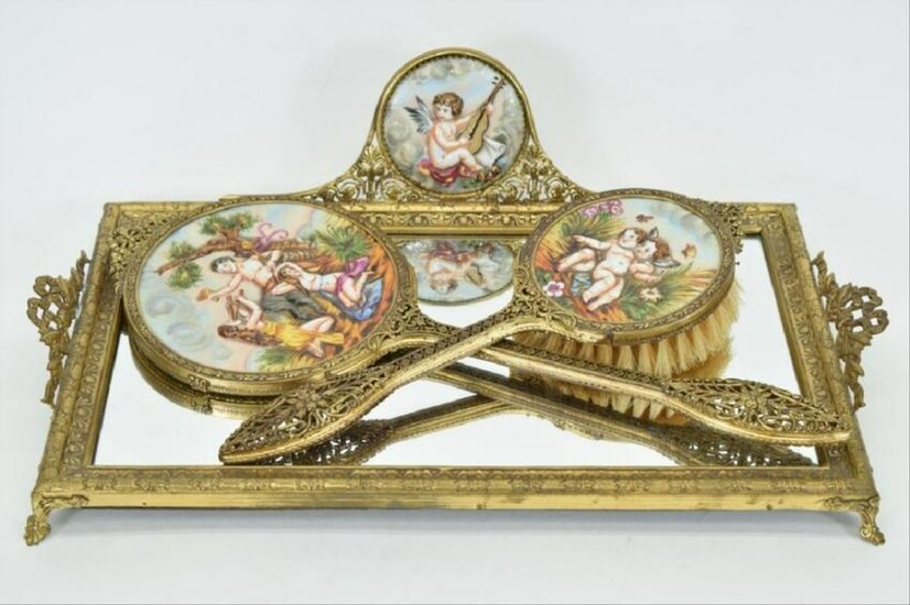 Italian Porcelain German Brass Scenic Dresser Set
