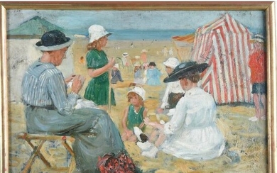 JONAS Lucien. (1880-1947). "Animated beach scene". Oil on...
