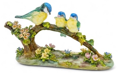 J.T. Jones for Staffordshire (England) Bone China Figural Grouping, Birds with a Worm, H 4.75" W 9"