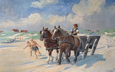 SOLD. Johannes Meyer Andersen: A horse carriages by the beach. Signed Joh. Meyer 1945. Oil on canvas. Frame size 75 x 110 cm. – Bruun Rasmussen Auctioneers of Fine Art