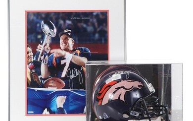 John Elway Signed Framed Print, Full Size Denver Broncos Riddell Football Helmet