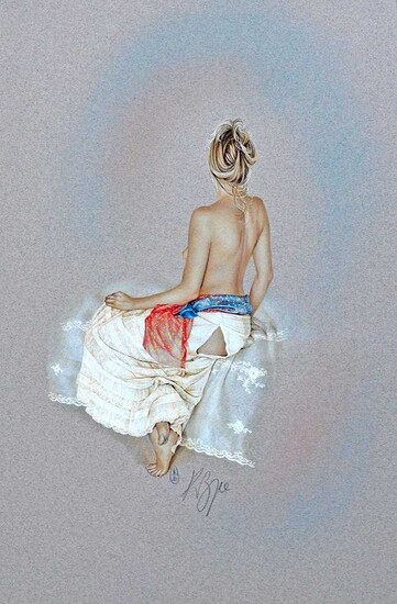 Kay Boyce (British 20th-21st Century) Lady Wearing Lace Skirt with Blue Sash