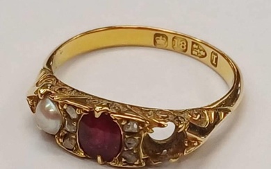 LATE VICTORIAN 18CT GOLD PEARL RUBY & ROSE CUT DIAMOND SET R...