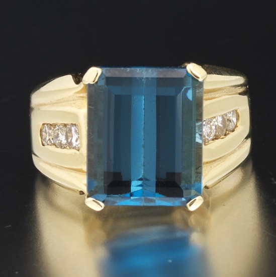 Ladies' Gold, London Blue Topaz and Diamond Ring