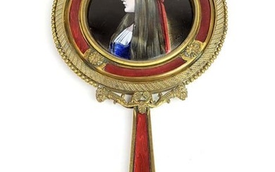 Large 19th C. French Enamel & Bronze Mirror Signed