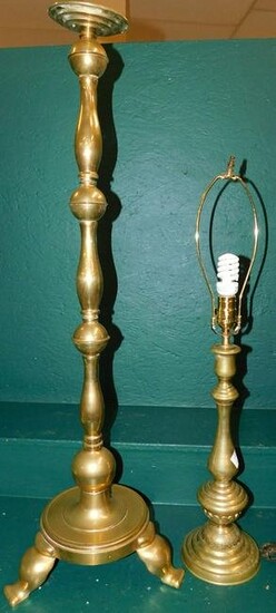 Large Brass Candlestick & Brass Lamp
