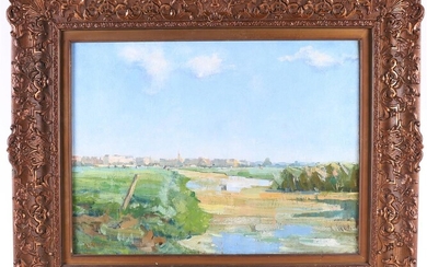 Leeuwen van, Klaas (Harlingen 1867-1935) "Paysage de polder avec Aalsmeer en arrière-plan", signé en entier...
