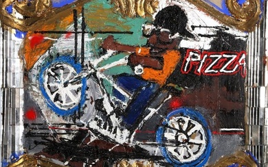 Loren Munk, Pizza, Mixed Media with Oil, Gold Leaf, Mirror on Canvas