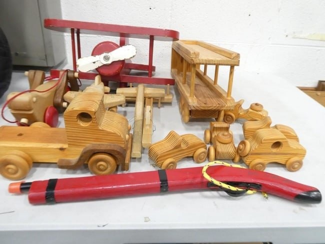 Lot of Old Wood Toys incl Large Vintage Biplane, Wood Toy Small Jet Plane, Large 5 Car Transport