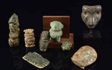 Lot of Pre-Columbian carved stone figures. 1) Carved gray shiny stone mask. 1.875in long. 2) Dug