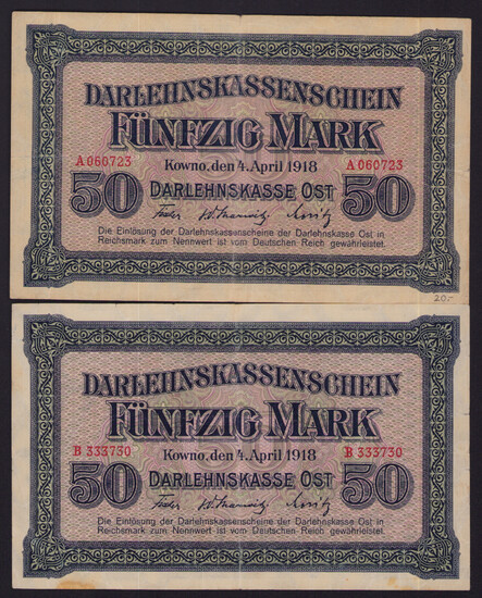 Lot of paper money: Germany, Lithuania, Kowno (Kaunas) 50 Mark 1918 (2)