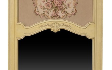 Louis XV Style Needlepoint Creme Peinte Trumeau Mirror, 20th c., the stepped arched crest over a