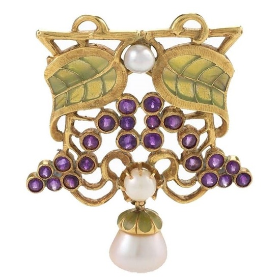 Louis Zorra Art Nouveau Diamond Amethyst Pearl and Plique-a?-Jour Enamel Brooch
