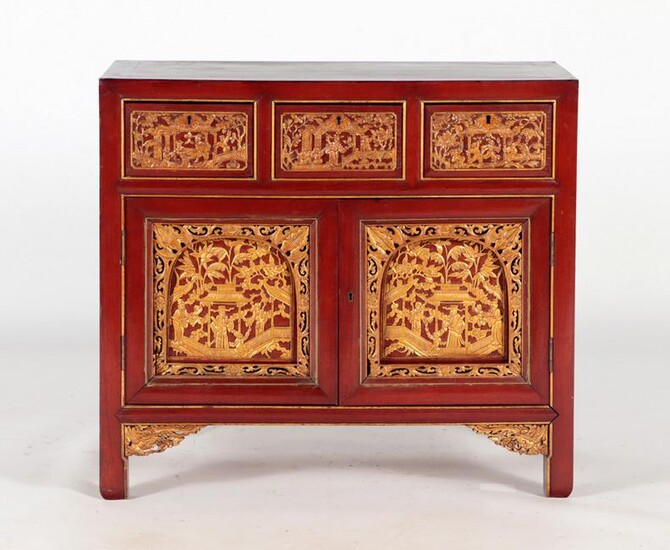 MAHOGANY GILT CARVED CABINET IN THE ASIAN STYLE