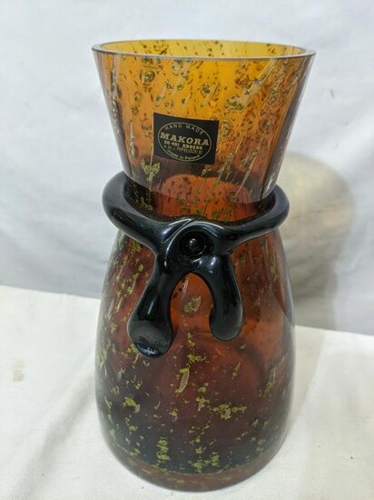 Makora Poland Hand Made Art Glass Brown Vase w/ Black