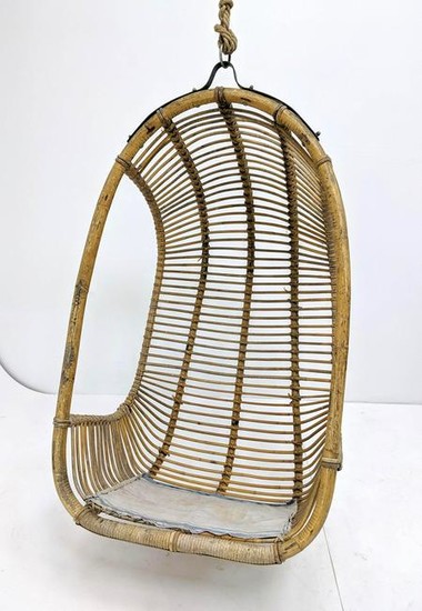Mid Century Modern Hanging Rattan Chair. Hangs from rop