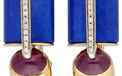 No Reserve - 18K Yellow gold Centoventuno design stud earrings with lapis lazuli and ruby.