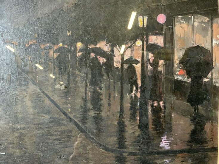 Oil Painting on Canvas Paper Rainy City Street