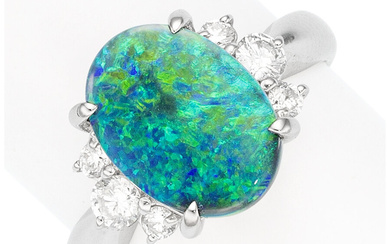Opal, Diamond, Platinum Ring Stones: Opal cabochon weighing 2.40...