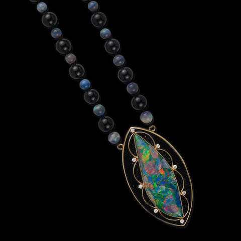 Opal Mosaic Doublet, Onyx and Diamond Pendant with Black Opal and Onyx Beads