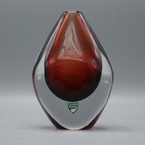 Orrefors Sweden Mid-Century Red Tear Drop Glass Vase