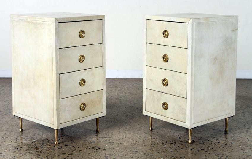 PAIR 4-DRAWER PARCHMENT COVERED END TABLES C.1960