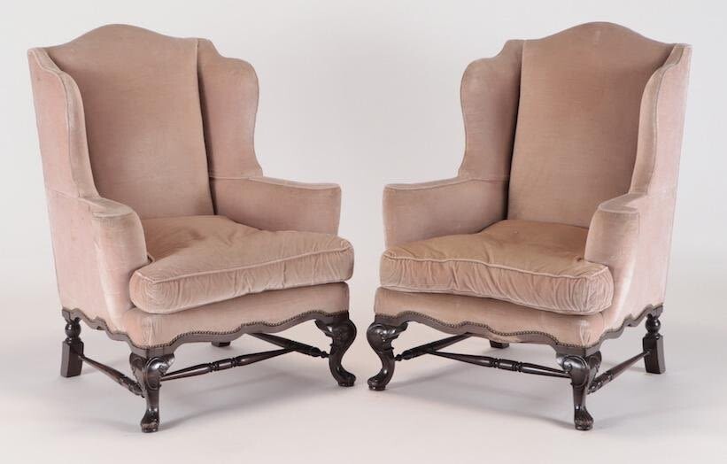 PAIR CARVED MAHOGANY WING BACK CHAIRS C 1940
