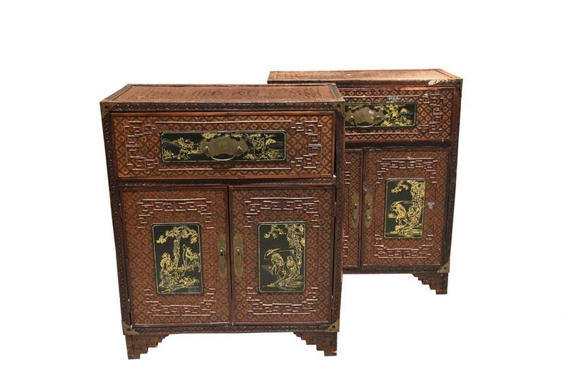 PAIR CHINESE LACQUER-INSET RATTAN BEDSIDE CHESTS
