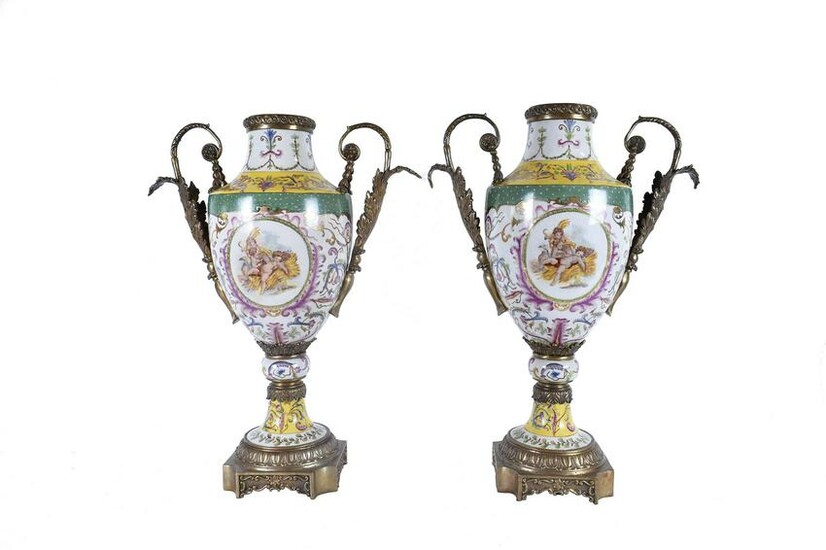 PAIR OF BRONZE-MOUNTED PORCELAIN URNS