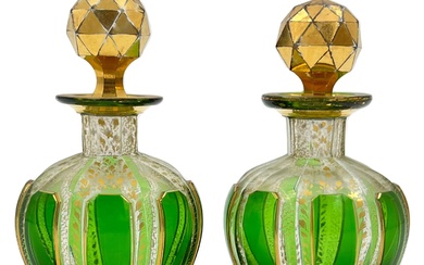 PAIR OF GREEN BOHEMIAN GLASS PERFUME BOTTLES Two Green...